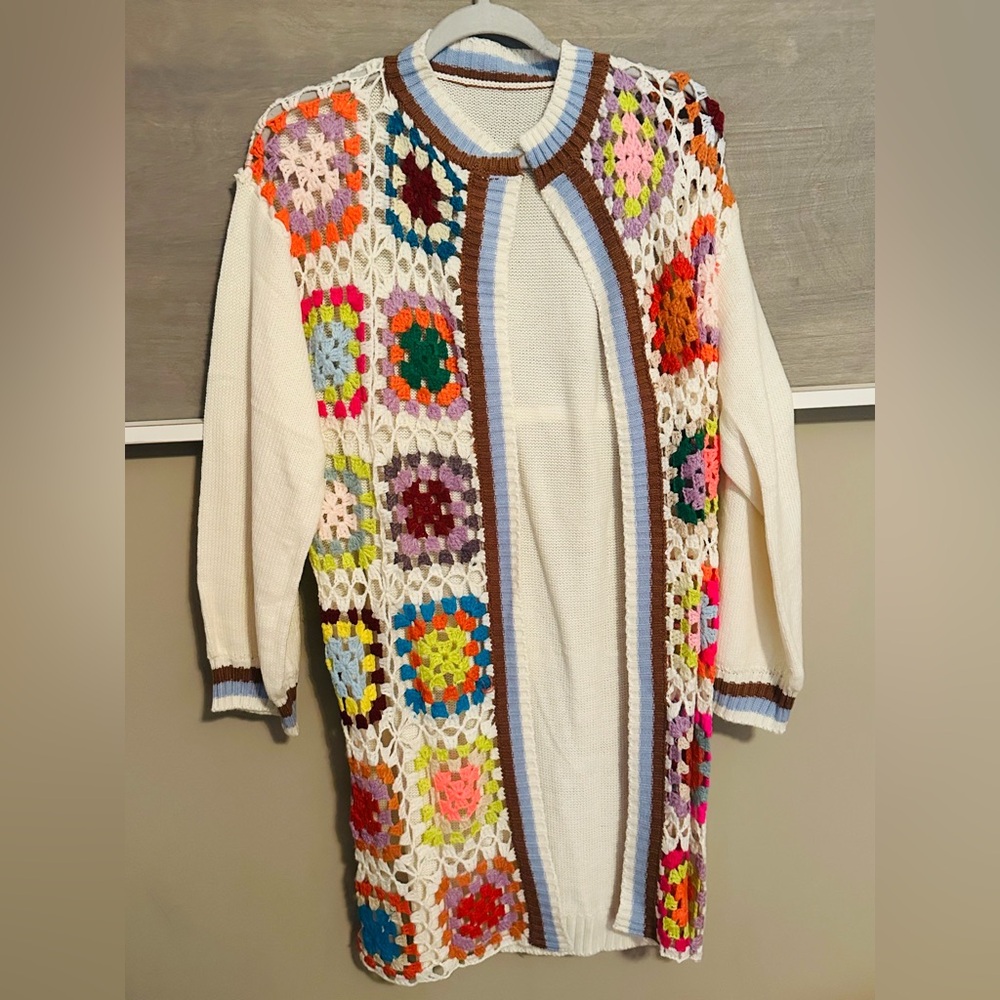 NEW Colorful Crochet Patchwork Sweater Cardigan! SZ Large/Medium